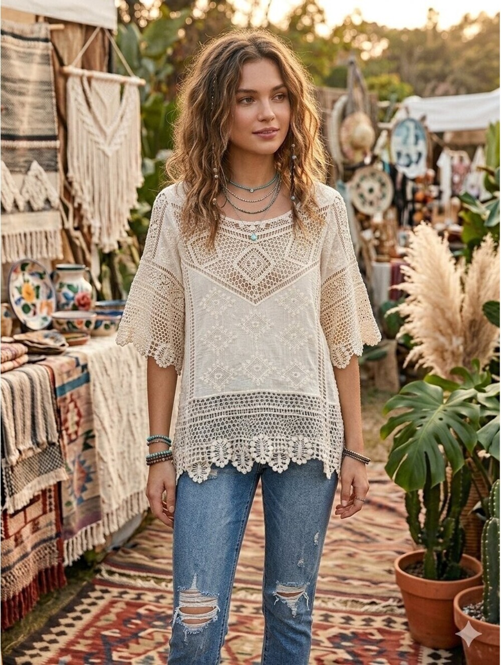 Democracy Boho Crochet Lace Embroidered Top M Cream Cottagecore Peasant Blouse